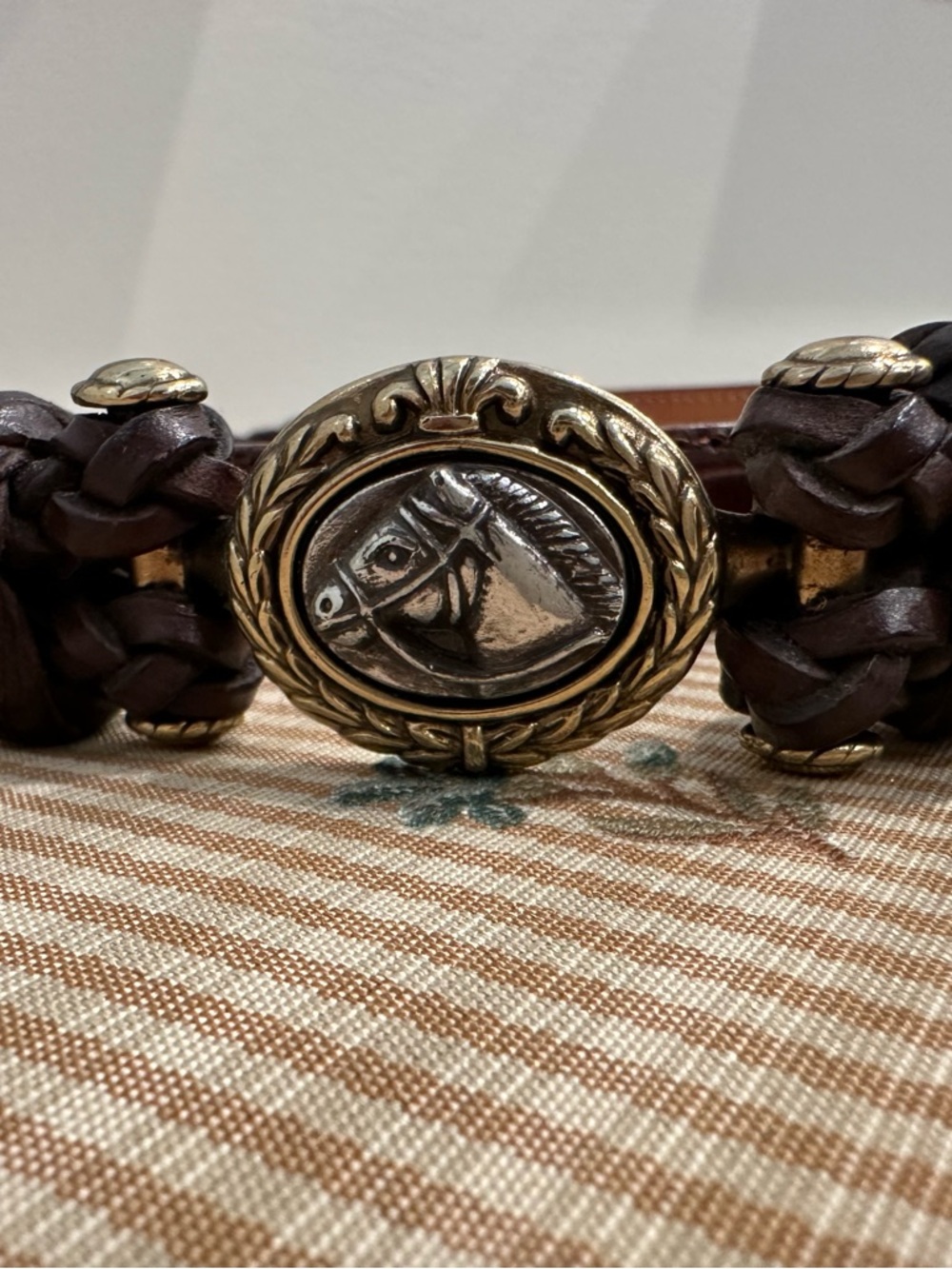 Braided Brown Leather Belt with Horse Medallion
